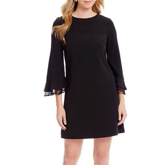 Tahari Crepe Lace Ruffle Bell Sleeve Shift Dress - Picture 1 of 3